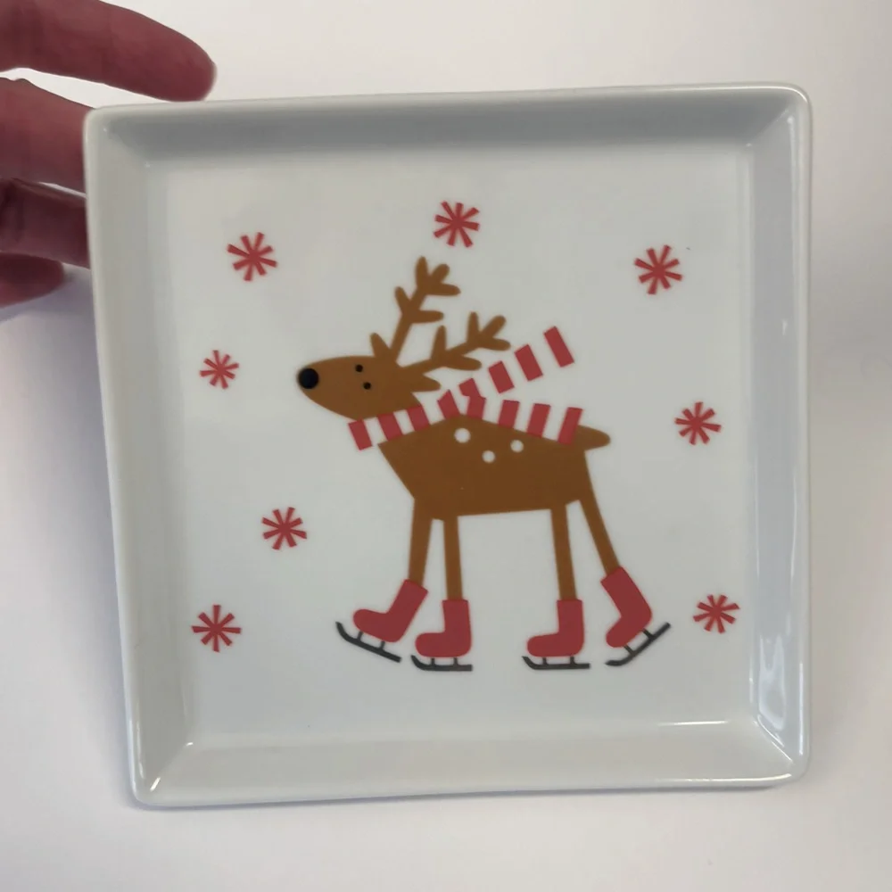 Crate & Barrel Skating Reindeer Square Ceramic Dish Christmas 6” x 6”
